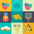 Hanukkah traditional symbols jewish icons set vector.