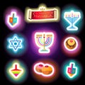 Hanukkah traditional symbols set neon glowing effect