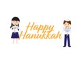 Happy Hanukkah greeting and Jewish kids holding Hanukkah menorah