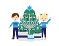 Jewish kids standing near large Hanukkah menorah and gift boxes and decorated Hanukkah tree