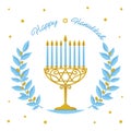 Hanukkah Vector Design - Happy Hanukkah greeting. Jewish holiday. Hanukkah gold Menorah and blue olive branches on white Royalty Free Stock Photo
