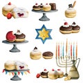 Hanukkah watercolor set with colorful hand drawn symbols with menorah, donuts, dreidel, coins, oil isolated on white