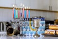Hanukkiah Menorah candlelights during a traditional celebration Hanukkah Jewish religion holiday symbol