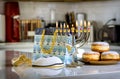 Judaism tradition holiday symbols for Hanukkah celebration, such as lighting hanukkiah menorah candles as symbols of the Royalty Free Stock Photo
