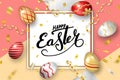 Happe Easter background, lettering, eggs. Greeting Easter 3D card. Gold decoration frame, handwritten inscription Royalty Free Stock Photo