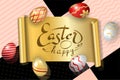 Happe Easter background, lettering, eggs. Greeting Easter 3D card. Gold decoration frame, handwritten inscription