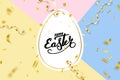 Happe Easter background, lettering, eggs. Greeting Easter 3D card. Gold decoration frame, handwritten inscription