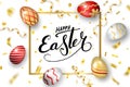 Happe Easter background, lettering, eggs. Greeting Easter 3D card. Gold decoration frame, handwritten inscription