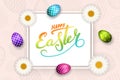 Happe Easter background, lettering, eggs. Greeting Easter 3D card. Gold decoration frame, handwritten inscription