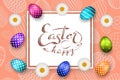 Happe Easter background, lettering, eggs. Greeting Easter 3D card. Gold decoration frame, handwritten inscription