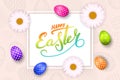 Happe Easter background, lettering, eggs. Greeting Easter 3D card. Gold decoration frame, handwritten inscription