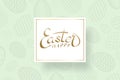 Happe Easter background, lettering, eggs texture pastel. Greeting Easter 3D card. Gold decoration frame, handwritten