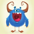 Happe excited blue monster character. Clipart illustration.