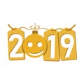 Happe New Year gold background. Isolated 2019 golden numbers, tags, bauble, emoticon. Flat Christmas ball, smiling Royalty Free Stock Photo