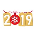 Happe New Year gold background. Isolated 2019 golden numbers, tags, bauble, snowflake. Flat Christmas red ball. Design Royalty Free Stock Photo