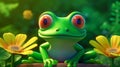 The happiest cartoon green tree frog on vibrant lilypad