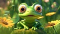 The happiest cartoon green tree frog on vibrant lilypad