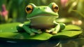The happiest cartoon green tree frog on vibrant lilypad