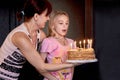 The happiest family.Mom with her cute daughter holds a cake for her daughter's birthday.A girl tries to blow out the