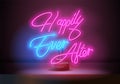 Happily Ever After neon sign Vector Text. Light icon. Burning a pointer to a black wall in a club, bar or cafe. Vector Royalty Free Stock Photo