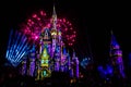 Happily Ever After is Spectacular fireworks show at Cinderella`s Castle on dark night background in Magic Kingdom  1 Royalty Free Stock Photo