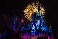 Happily Ever After is Spectacular fireworks show at Cinderella`s Castle on dark night background in Magic Kingdom  19 Royalty Free Stock Photo