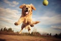 Happily Jumping Golden Retriever Catching Air in Playful Joy. Generative By Ai Royalty Free Stock Photo