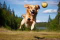 Happily Jumping Golden Retriever Catching Air in Playful Joy. Generative By Ai Royalty Free Stock Photo