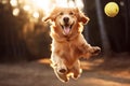 Happily Jumping Golden Retriever Catching Air in Playful Joy. Generative By Ai Royalty Free Stock Photo