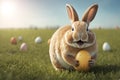 Happily smiling Easter bunny holding an egg. Generative AI