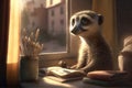 Happily smiling meerkat kid doing his homework. Generative AI Royalty Free Stock Photo