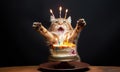 Happily surprised ginger cat with birthday cake and candles