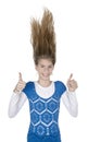 Happily young woman hair stands on ends