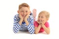 Happines brother and sister together against white background