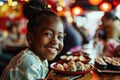 Happiness African Girl Eats Sushi In Diner