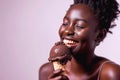 Happiness African Yearold Woman Eats Chocolate Ice Cream On White Background Royalty Free Stock Photo