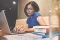 Happiness of Asian glasses Woman using cell phone and laptop. Gr Royalty Free Stock Photo