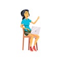 happiness asian lady watching comedy film on notebook cartoon vector