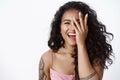 Happiness, beauty and women concept. Close-up charismatic african-american stylish tattooed girl laughing, having fun