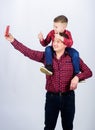 Happiness being father of boy. Having fun. Fathers day. Father example of noble human. Father little son red shirts Royalty Free Stock Photo