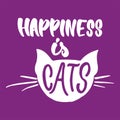 Happiness is cats - hand drawn lettering phrase for animal lovers on the violet background. Fun brush ink vector