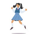 Happiness, Childhood and Freedom Concept. Happy Kid Jumping in Air. Schoolgirl Rejoice for Summer Holidays or Vacation