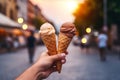 ice street food sweet summer hand dessert cream cold cone hold. Generative AI.