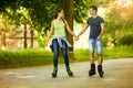 Happiness couple roller-skating