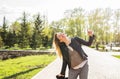 Happiness and craziness. Smiling crazy girl have fun outdoor. Young attractive woman with waving long hair playing in Royalty Free Stock Photo