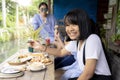 Happiness face of asain teenager and spinach with cheese Royalty Free Stock Photo