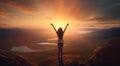Happiness and freedom concept. Happy asian woman with raised hands standing on the top of the mountain and looking at the Royalty Free Stock Photo