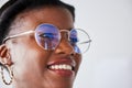 Happiness, glasses and black woman with positive face with vision in studio background with nerd in closeup. Style Royalty Free Stock Photo