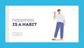 Happiness is Habit Landing Page Template. Happy Male Character Show Ok Symbol, Positive Gesture, Satisfied Cheerful Boy