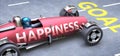 Happiness helps reaching goals, pictured as a race car with a phrase Happiness on a track as a metaphor of Happiness playing vital